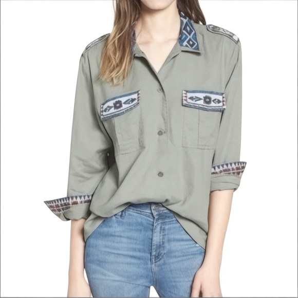 Rails Tops - Rails Olive Green Button-Up Shirt with Blue Tribal Trim